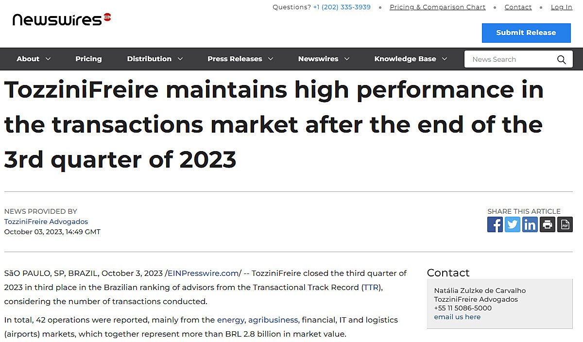 TozziniFreire maintains high performance in the transactions market after the end of the 3rd quarter of 2023